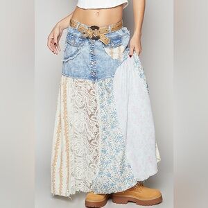 POL Blue and Cream Patchwork Maxi Skirt